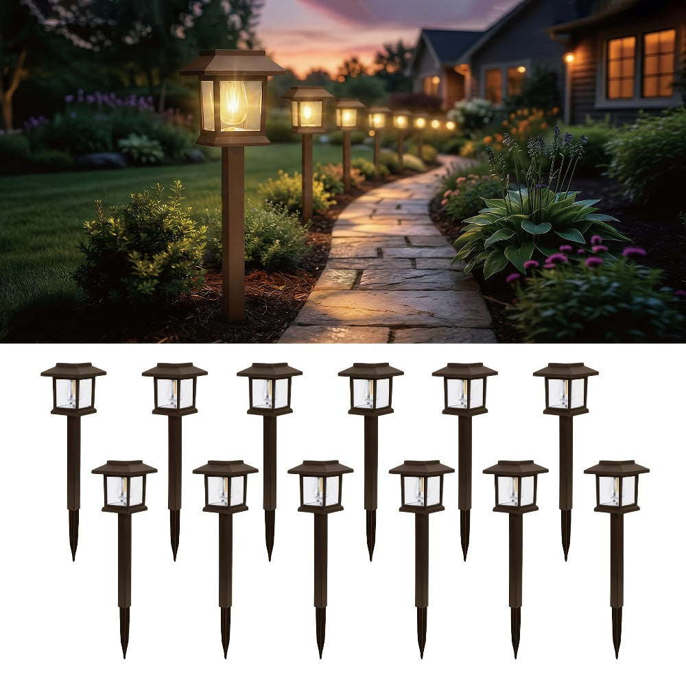 Solar Pathway Lights Outdoor Edison Style LED – Up to 12 Hours Auto On/Off IP44 Waterproof | Warm White Solar Garden Lights for Yard, Driveway & Walkway | Black & Brown Upgraded Stake Lights