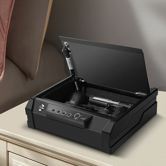 Biometric Gun Safe, Black Steel Pistol Storage with Mute Mode and Auto-Open Lid