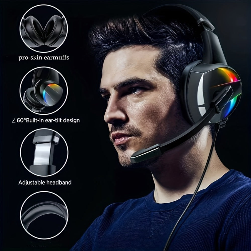 LED RGB Gaming Headset Surround Sound 50mm Driver Noise Canceling Mic Ergonomic Over-Ear Headphones for PS5 PS4 PC Laptop Gamers ESports USB 3.5mm Gaming Accessories