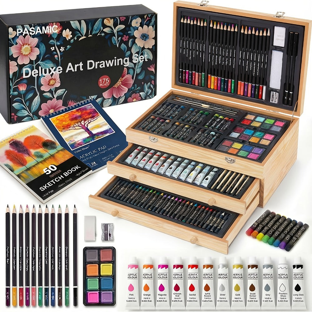 172 Piece Deluxe Art Set in Wooden Case with 2 Drawing Pads Crayons Acrylic Paints Colored Pencils Professional Art Kit Gift Box for Artists Beginners Ages 8+ Birthday Christmas