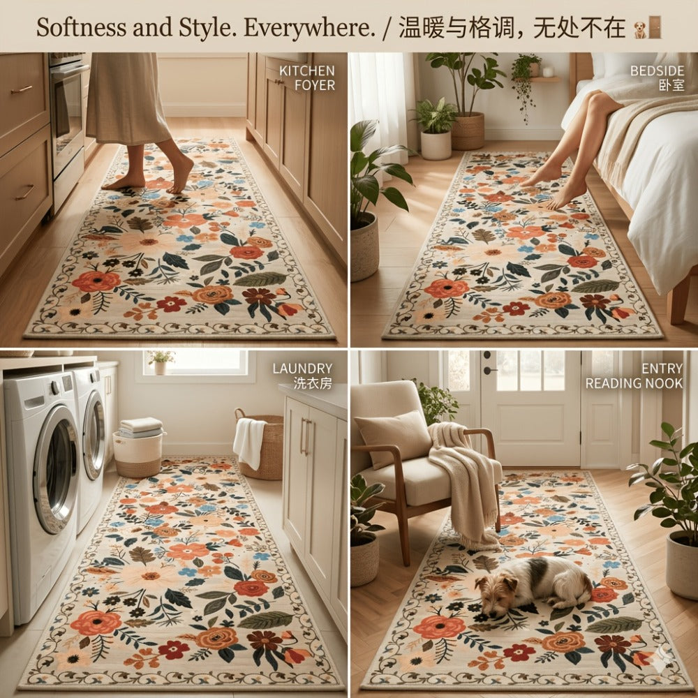 Bohemian Floral Plush Rug Non-Slip Machine Washable – Soft Floral Runner Mat for Bedroom, Kitchen, Bathroom, Entryway & Living Room – Easy Clean Indoor Home Decor Mat, 4 Sizes