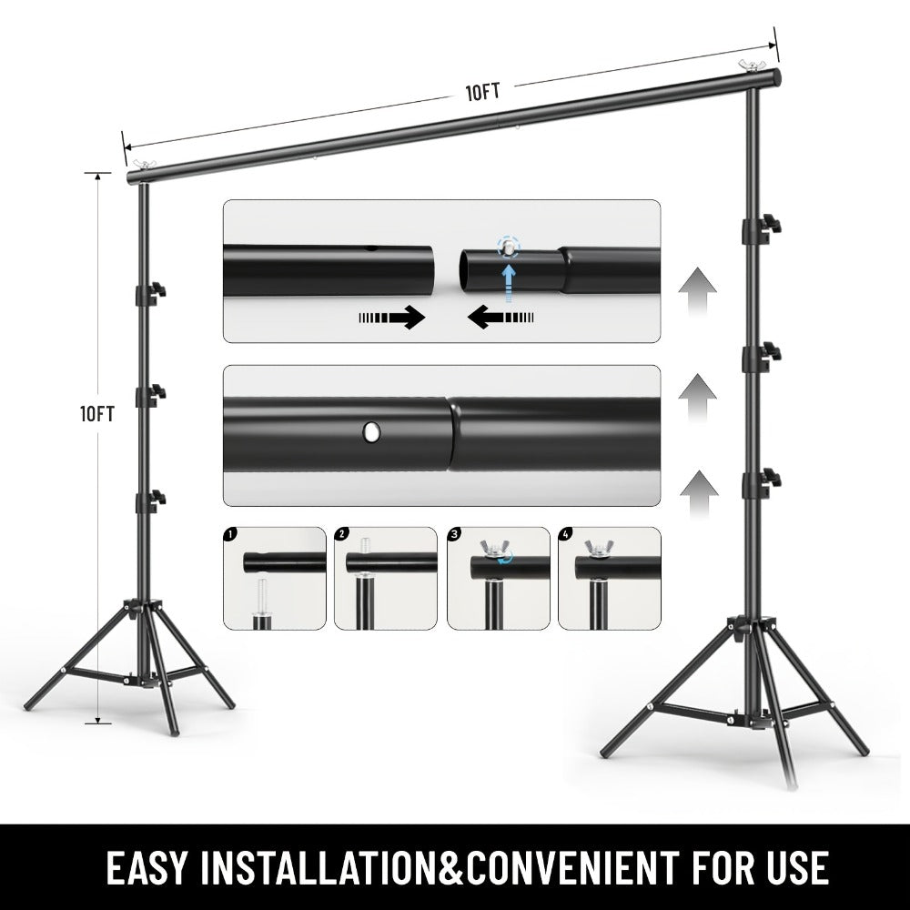 10x10Ft Heavy-Duty Backdrop Stand Kit with 2 Adjustable Support Stands 4 Crossbars 4 Clamps for Photography Video Studio Party Decoration Wedding Event Background Support System