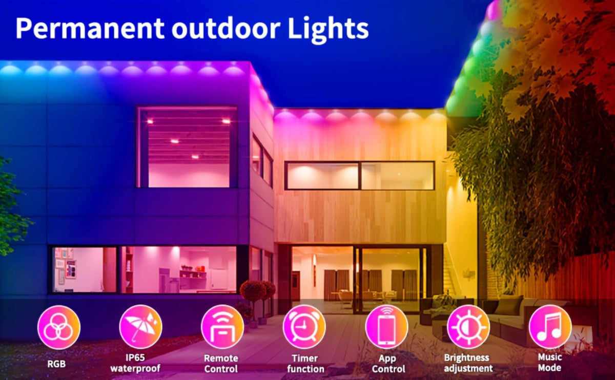 Permanent Eave Lights RGB Outdoor 200FT - Music Sync, Scene Modes, App Controlled Under Eave LED Lighting for House Exterior, Roofline, Garden, Holiday & Party Decor (60FT / 100FT / 150FT / 200FT)