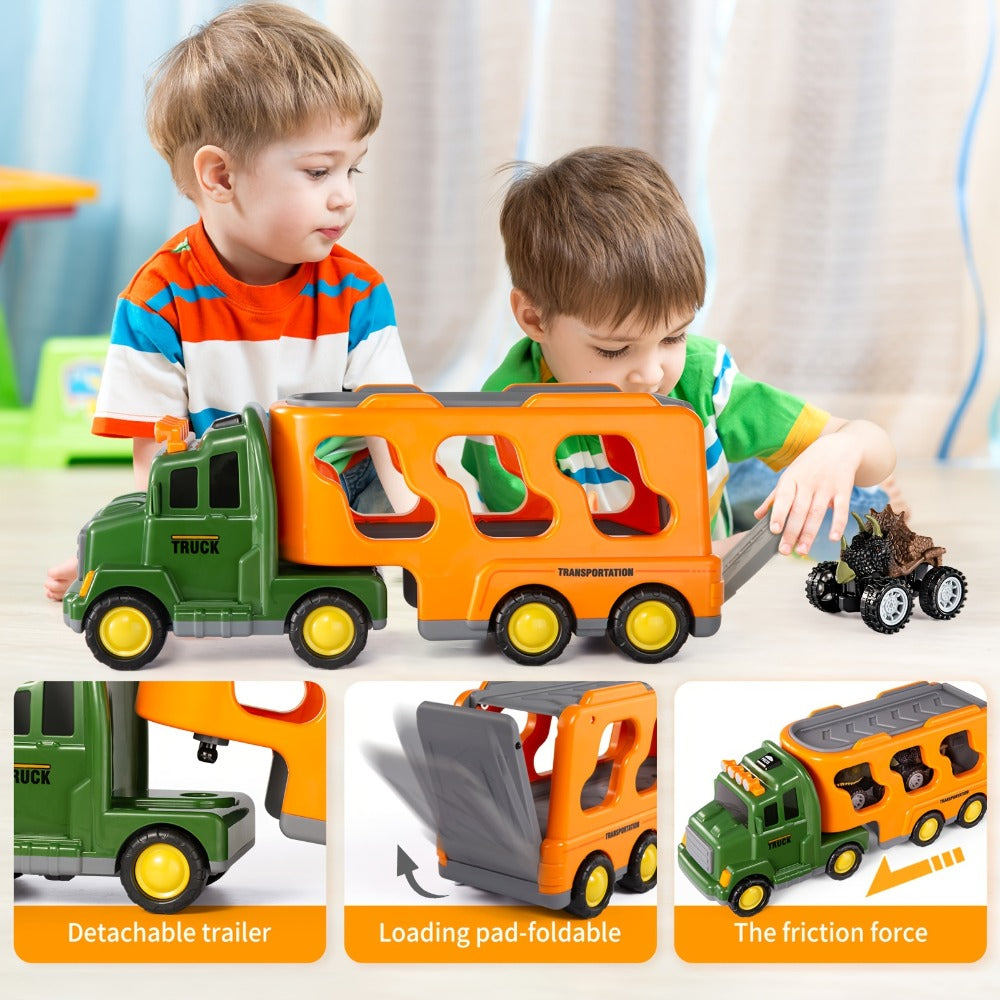 Push-Action Dinosaur Truck Toy 7-in-1 – Dino Monster Truck with 3 Figures, 3 Mini Cars, Lights & Sound