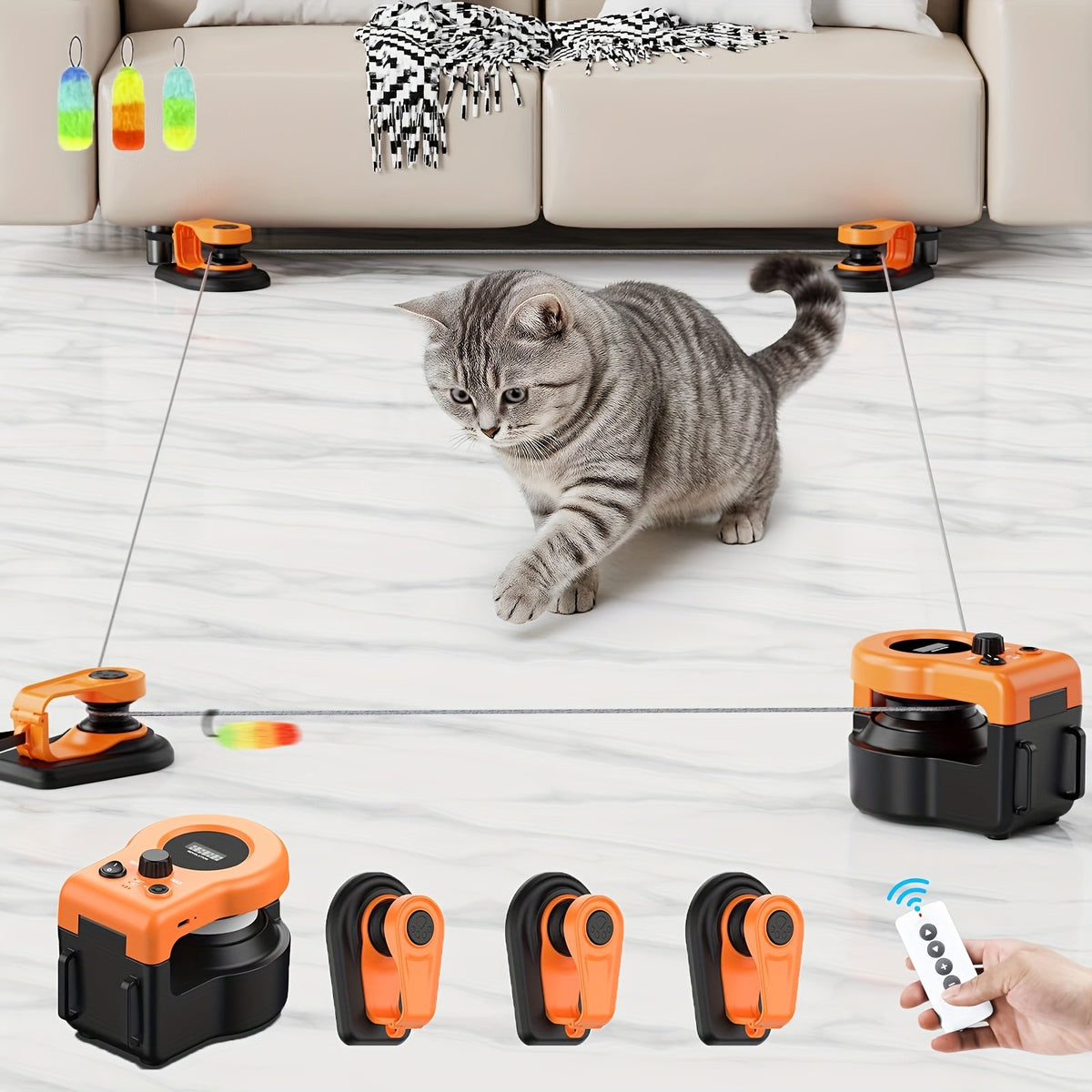 Interactive Cat Toy Auto & Remote Control - Electric Feather Mouse Lure Coursing Machine with DIY Track, Mouse Sounds, Auto Timer, Boredom Buster for Indoor Cats Kittens, 2 Speed Modes