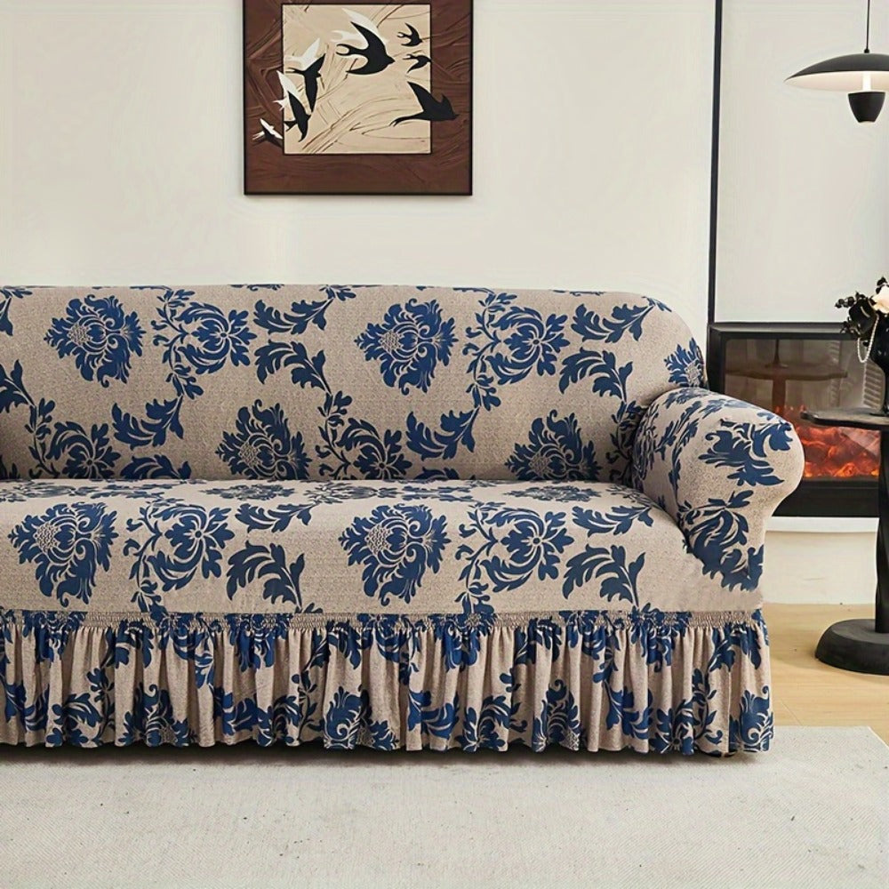 Stretch Sofa Cover Slipcover High-Stretch Fabric Ruffle Skirt Non-Slip Rod All-Season Snug Fit for 1 2 3 4 Seater Couch — Dark Blue with Pillow Cover