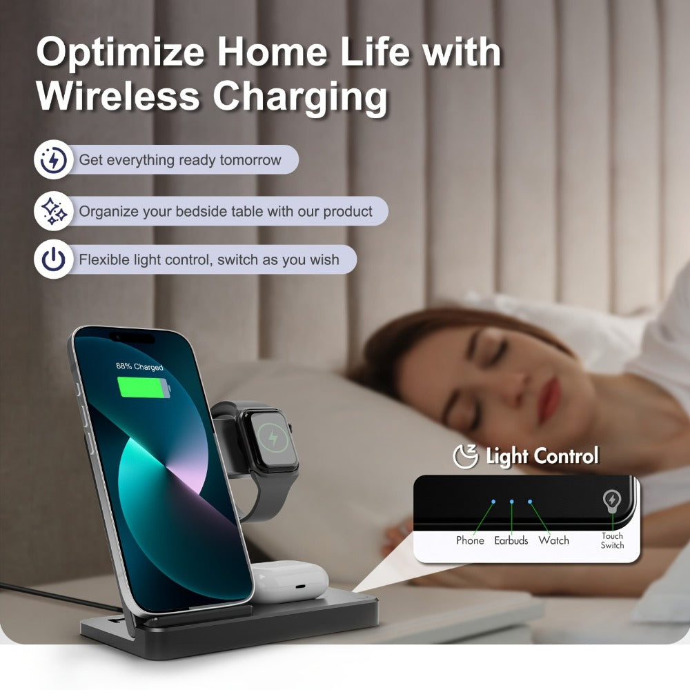 4-Color MagSafe 3-in-1 Wireless Charging Station 15W – Fast Charge Stand for iPhone 17 16 15 14 13 12 Pro Max, Apple Watch Ultra Series 10 9 8 7 SE & AirPods 4 3 2 Pro | Sky Blue Sakura Pink White Black