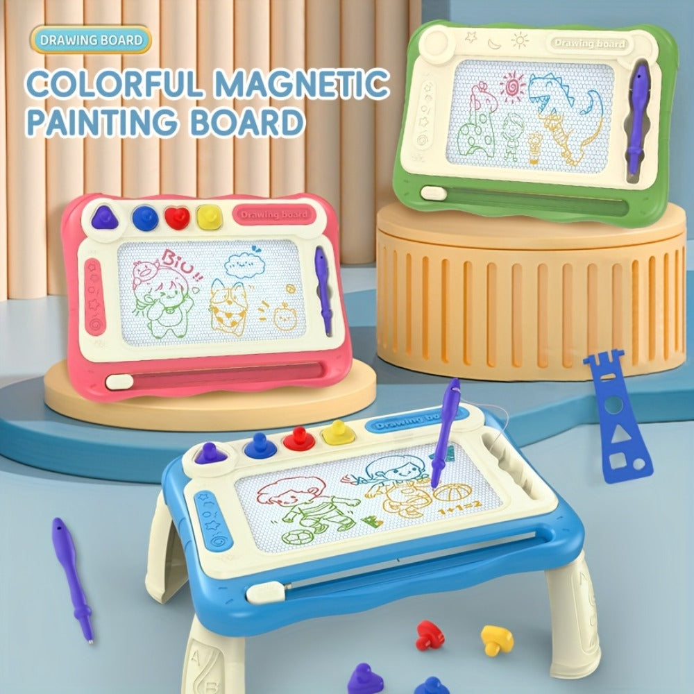 Kids Drawing Board Easel Upgraded with 4 Stamps & Paintbrush – Sturdy Legs Brackets Early Learning Art Toy for Toddlers Boys Girls Ages 3-8 Birthday Easter Christmas Gift Blue Pink Green