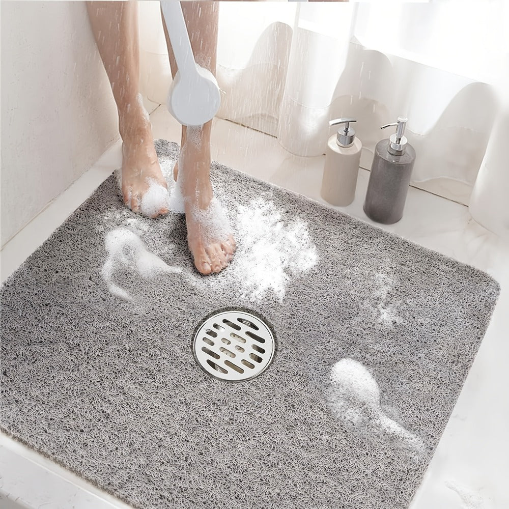 Non-Slip Shower Mat PVC Loofah Bath Mat with Drain Holes – Quick-Dry Square Bathtub Floor Mat, No Suction Cups Needed, Soft Cushioned, 24x24 Inch, Grey/White/Beige