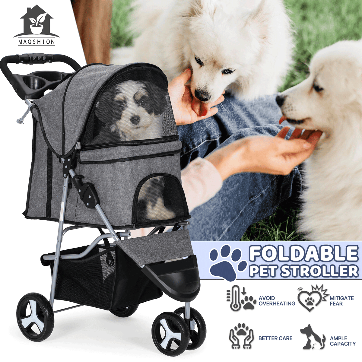 Pet Jogger Stroller 3-Wheel for Small & Medium Dogs & Cats up to 33 lbs - Foldable Oxford Waterproof Dog Cat Pram with 360° Swivel Wheels, Shock Absorber, Rear Brakes, Cup Holder & Storage Basket, 11 Colors