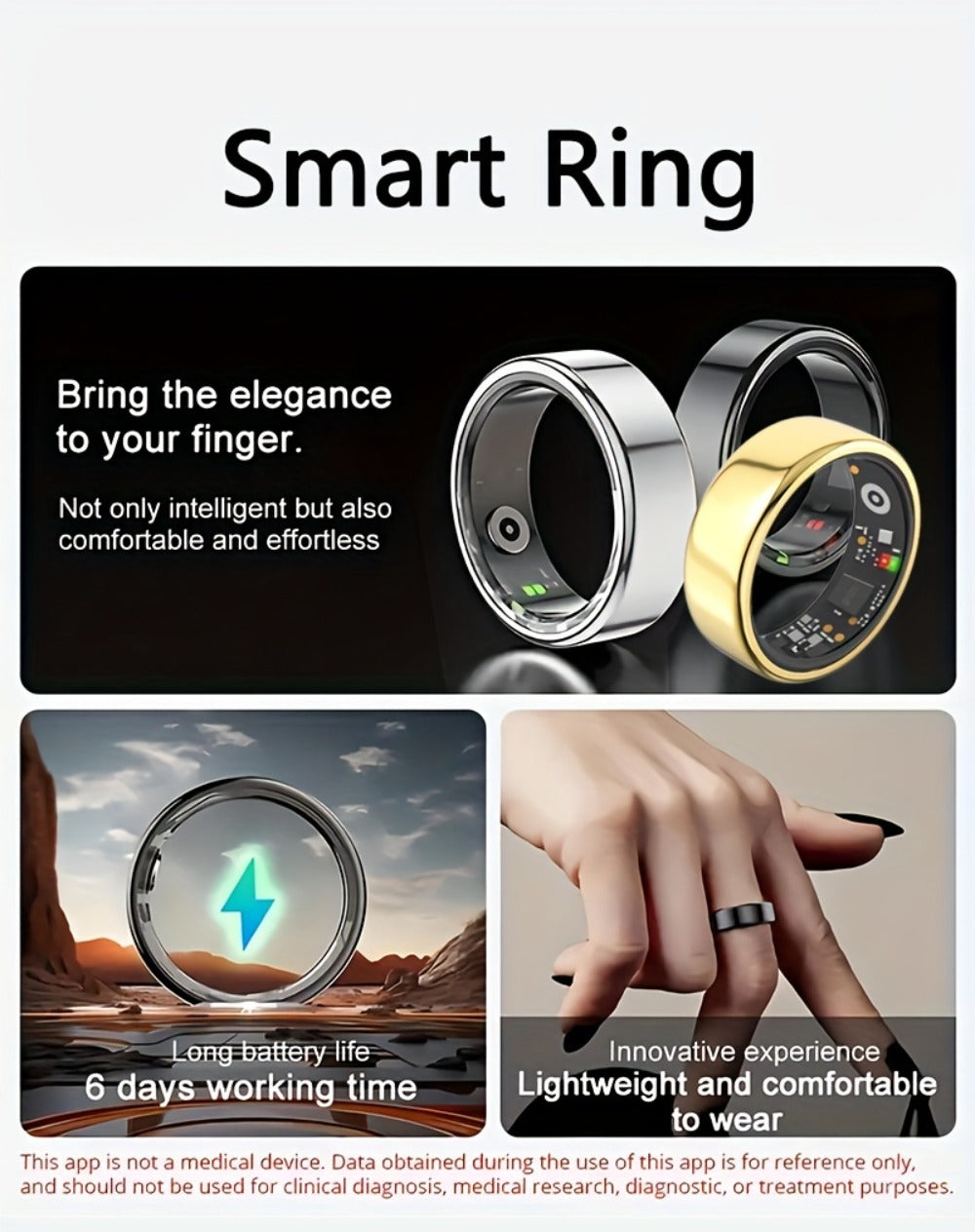 R18 Smart Ring Activity Tracker with 20+ Workout Modes – Sleep & Stress Monitor, Heart Rate, iPhone & Android Compatible, USB Charging, Silvery Black Golden (Size 7-13) Fitness Gift for Men Women