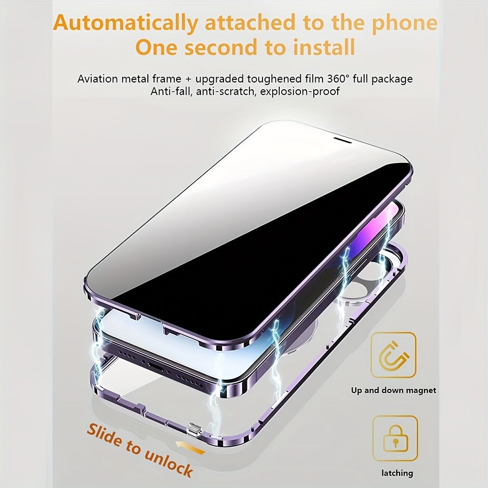 Anti-Spy Tempered Glass iPhone Case with Security Lock, Kickstand & Camera Protection – Magnetic Double-Sided Privacy Cover for iPhone 12 13 14 15 16 Pro Max Plus, Full Body Drop Protection