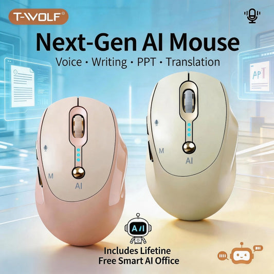 AI Wireless Mouse Voice to Text Real-Time Translation PPT Creation T-WOLF Silent Rechargeable Bluetooth 2.4G Dual Mode Battery Display Laptop PC Mac Windows Android Yellow Pink