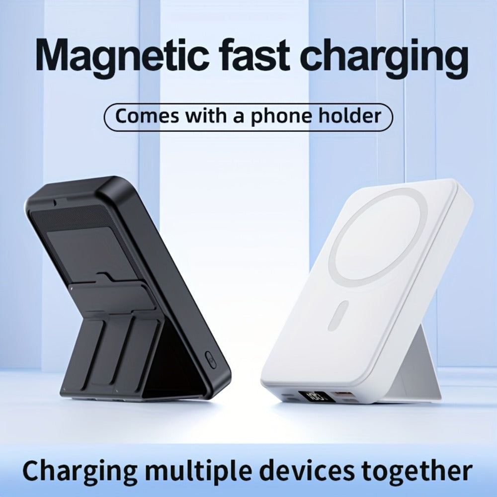 Magnetic Wireless Power Bank 10000mAh 22.5W Fast Charging Portable Charger with LED Display Built-in Kickstand PD20W USB-C Charges 3 Devices Travel Outdoor Black White Purple