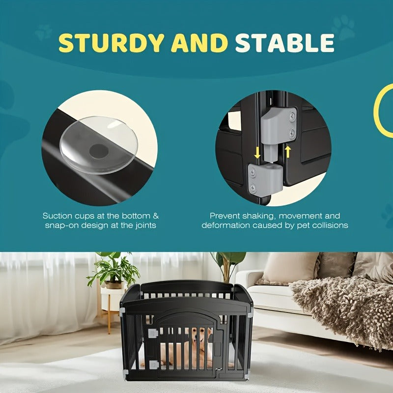 Dog Pen 4 Panel with Non-Slip Bottom & Safety Locking Door - Portable Expandable Indoor Outdoor Pet Pen for Medium Dogs & Puppies, Lightweight Durable Puppy Enclosure in Black & White