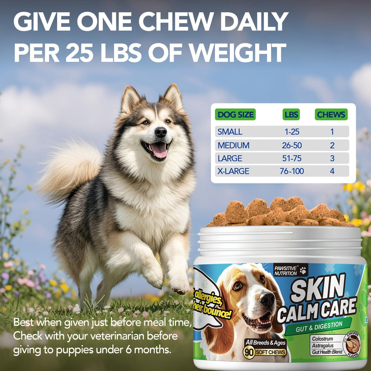 Dog Skin & Immune Probiotic Chews with Bovine Colostrum - 6 Billion CFUs, Dried Fermentate & Astragalus for Skin Calm & Immune Support, Chicken Flavor Soft Chews for All Dogs, 90 Count