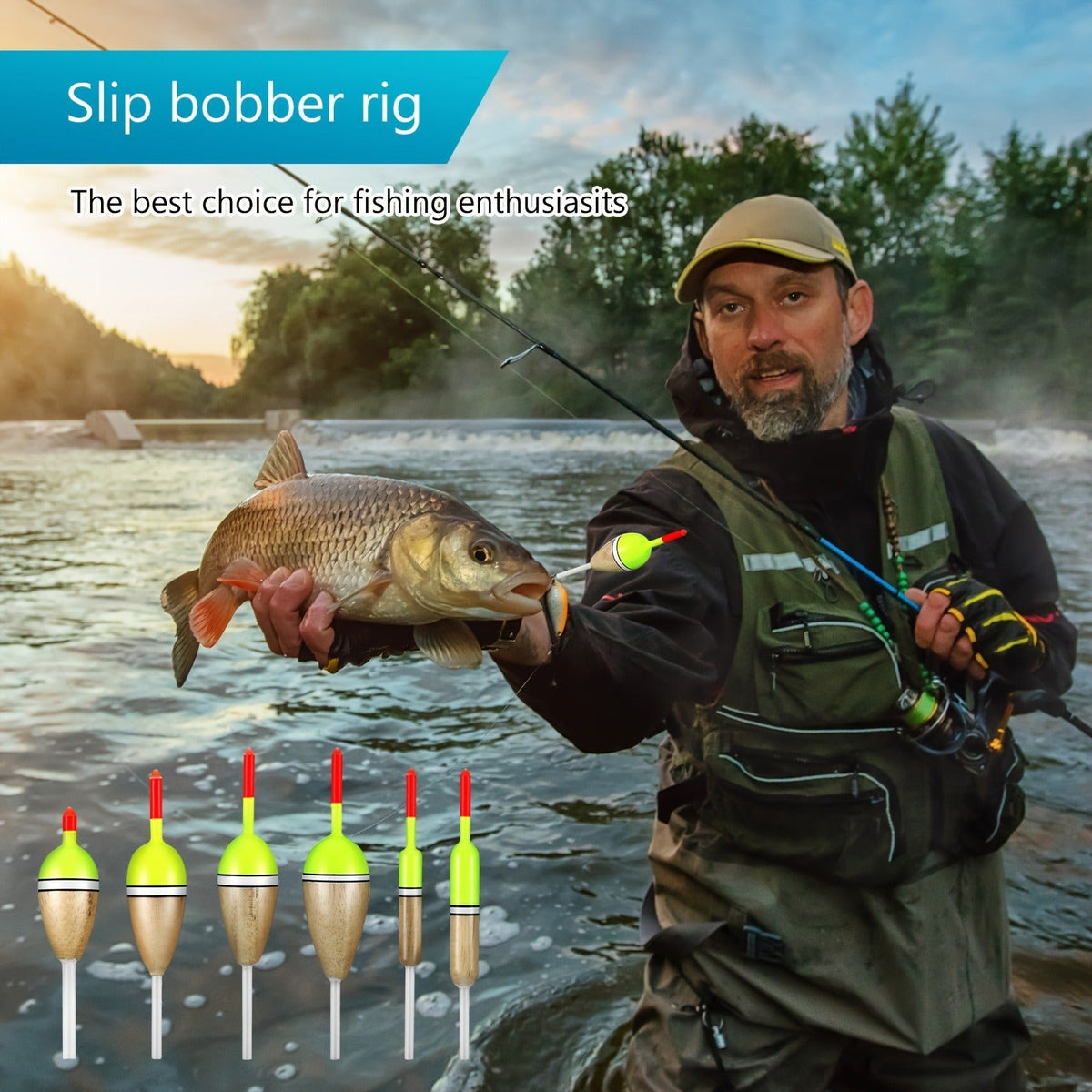 Wooden Fishing Floats 12-Pack – 6 Sizes Slip Bobber Set for Crappie, Bluegill, Trout, Bass, Panfish, Catfish & Walleye | Freshwater Fishing Gear Accessories