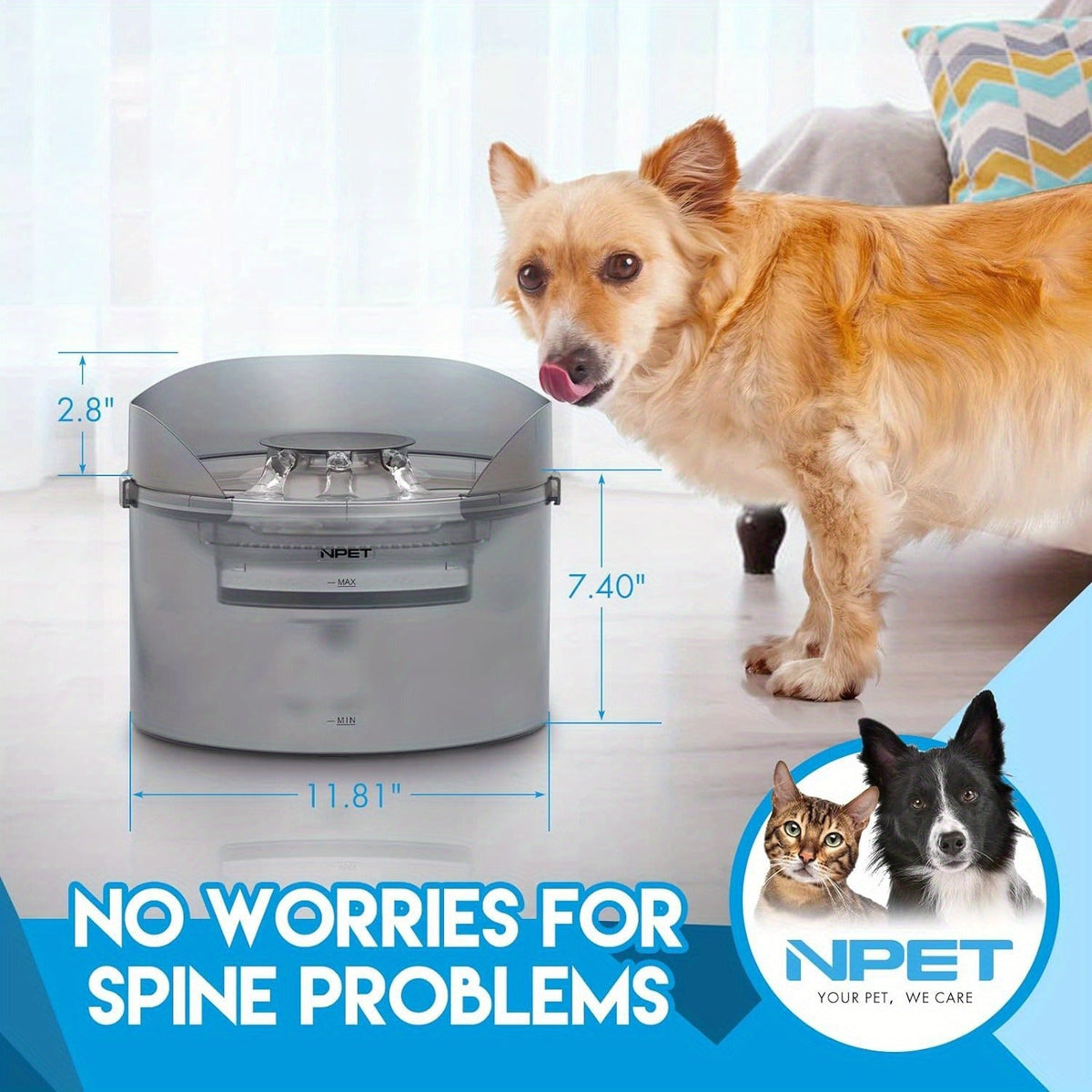 Dog Water Fountain 2 Gallon NPET DF30 - Automatic Pet Water Dispenser Triple Filtration with Splatter Guard & Cleaning Kit for Large Dogs & Multiple Pets 1.3Gal or 2Gal Options