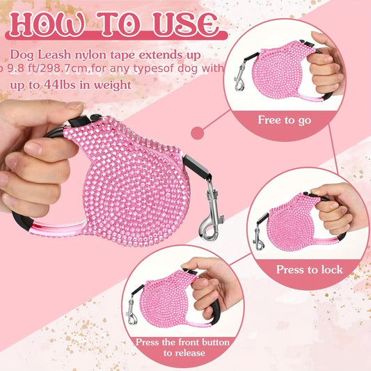 Retractable Dog Leashes with Rhinestones, Pink 2-Pack and Waste Bag Dispenser