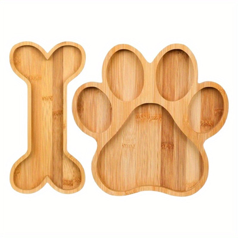 Bamboo Pet Food Bowl Set – Paw & Bone Shaped Wooden Serving Tray with 5-Compartment Snack Platter, Natural Charcuterie Board for Dogs & Cats, Party Candy Dish, 2 Pack