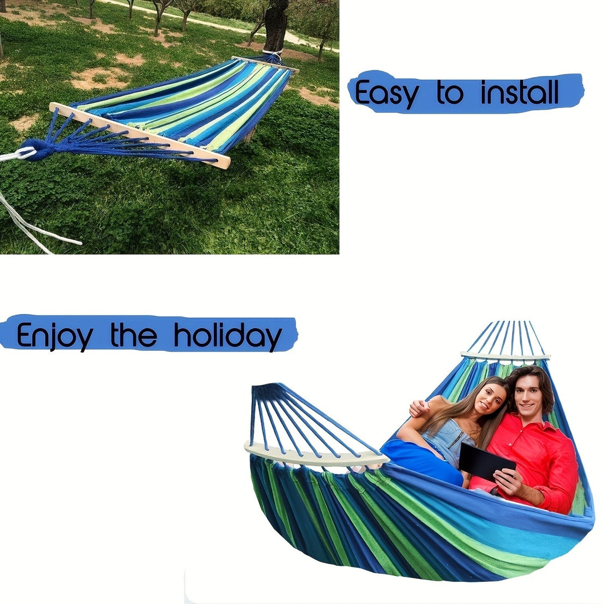 Nylon Hammock Heavy Duty Curved 110 x 59 Inch 100% Woven Nylon Anti-Tip Design Large Double Hammock for Indoor Outdoor Backyard Patio Camping Red Blue