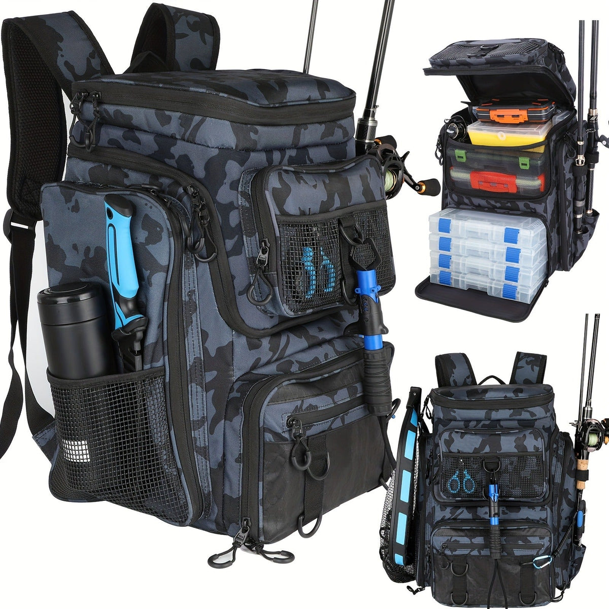 Waterproof Fishing Rod Backpack 42L – Built-In Rod Tube, 16 Pockets & Insulated Cooler Option | Black, Camo, Khaki, Gray