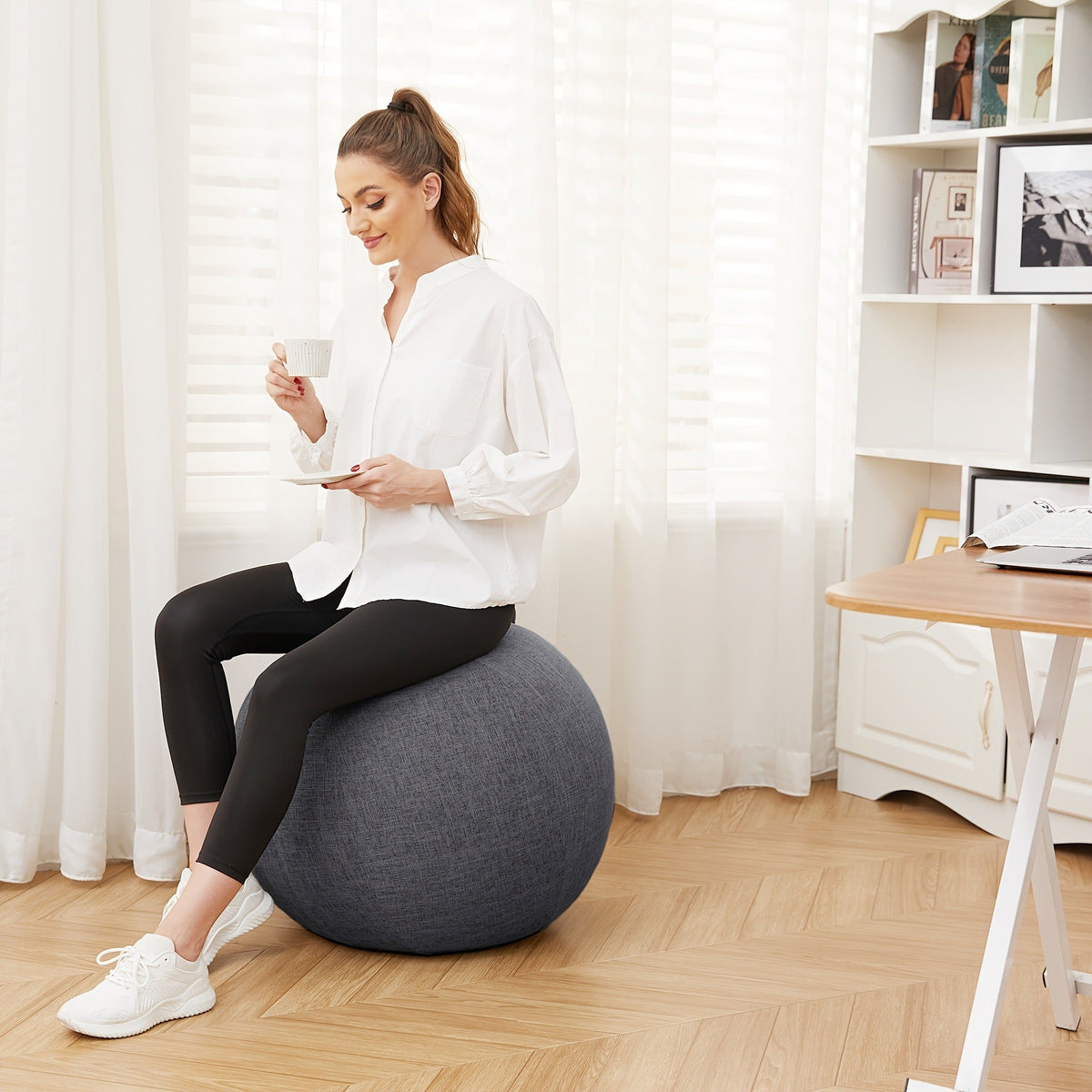 Exercise Ball Chair 65cm with Fabric Cover – Stability Balance Ball Seat for Home Office Desk, Yoga Pilates Birthing Ball, Relieves Back Pain & Improves Posture, Grey & Black, Anti-Burst Design