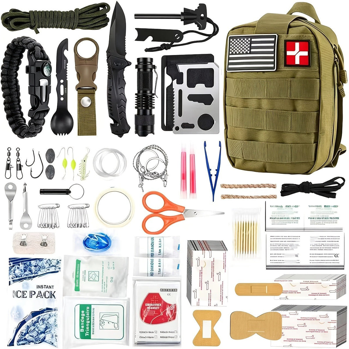 217 Piece Survival Kit with First Aid Kit & Molle Storage Bag - Emergency Gear Set for Camping, Hiking, Outdoor Adventure, Home & Office, Perfect Gift for Men, Dad, Husband, Son - Orange Green Khaki Black Red Camouflage
