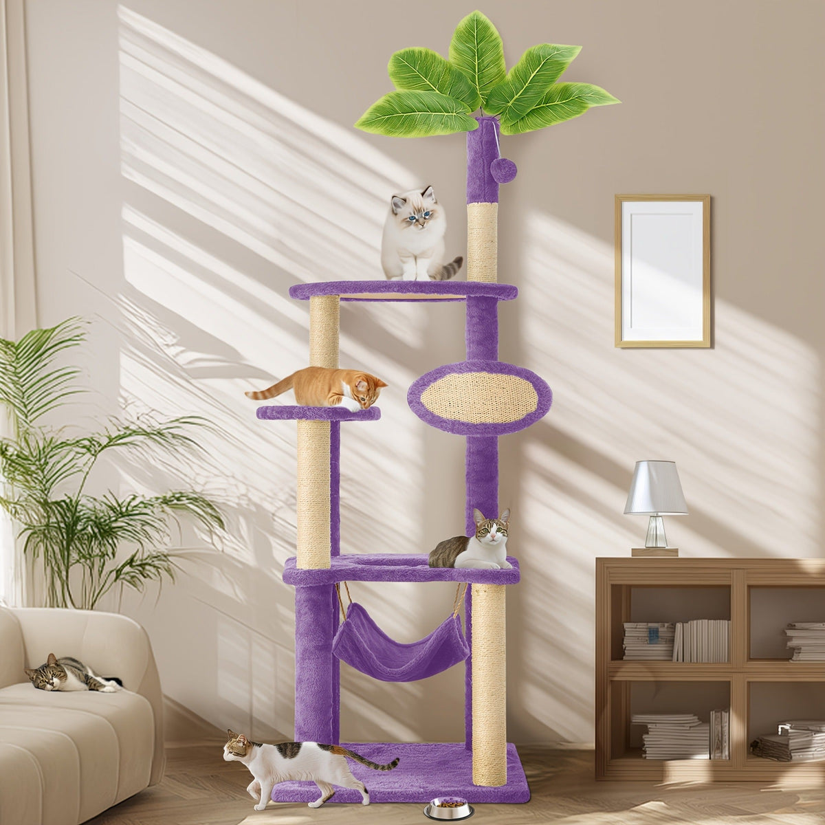 Cat Tree 55" Large Multi-Level Cat Tower for Indoor Cats with Green Leaves, Hammock, Sisal Scratching Posts & Hanging Ball Toy – Cat Furniture for Living Room