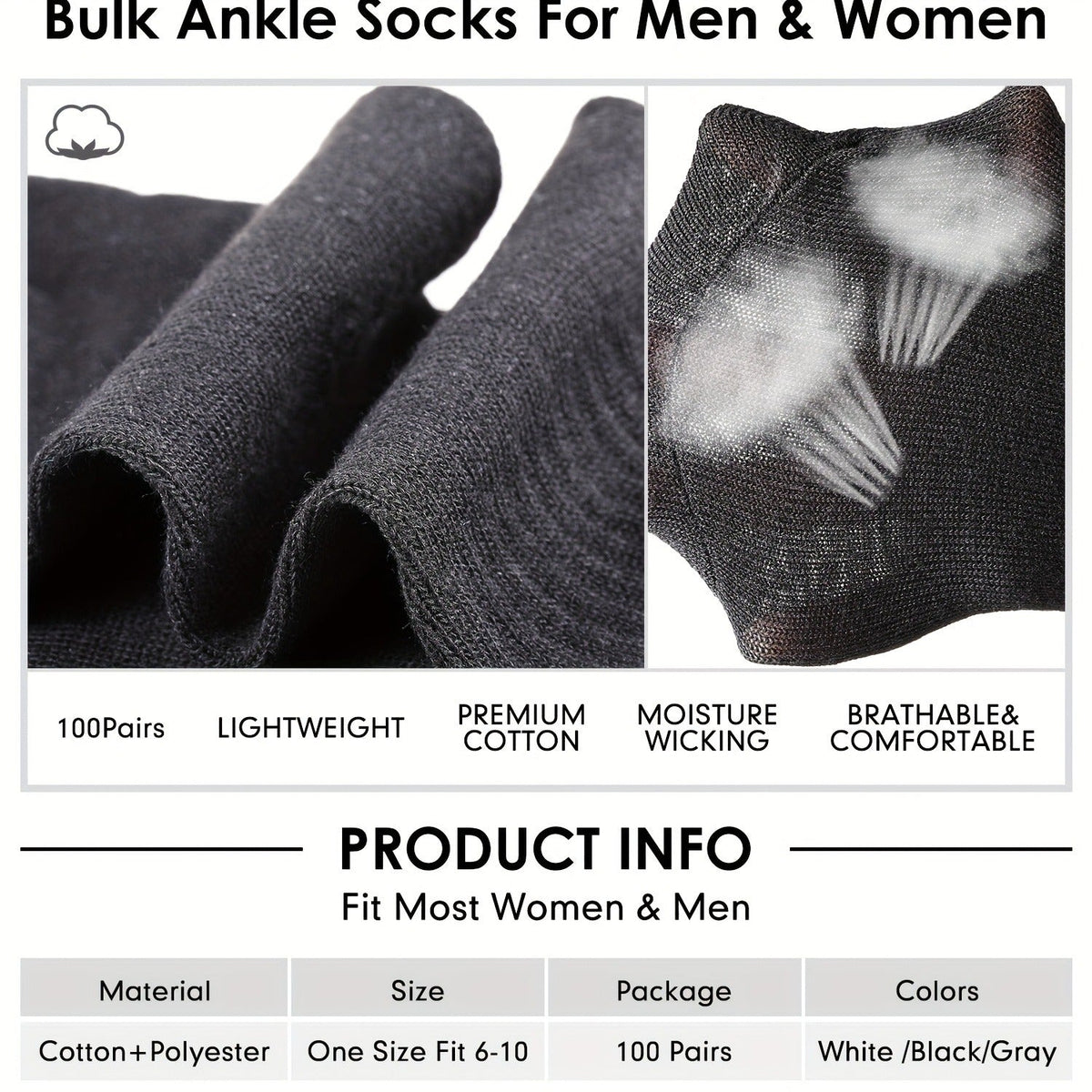 Bulk Moisture-Wicking Ankle Socks 100 Pairs Unisex Men Women Casual Sports Gym Socks Black White Gray One Size Fits Most