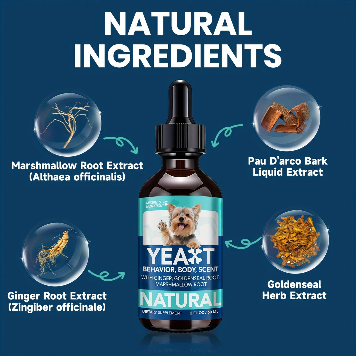 Yeast Supplement Drops for Dogs & Cats – No Odor Formula with Pau D’Arco Bark & Goldenseal Herb Liquid Extract | Easy-to-Use Pet Antifungal Support, 2 Fl Oz (60ml)