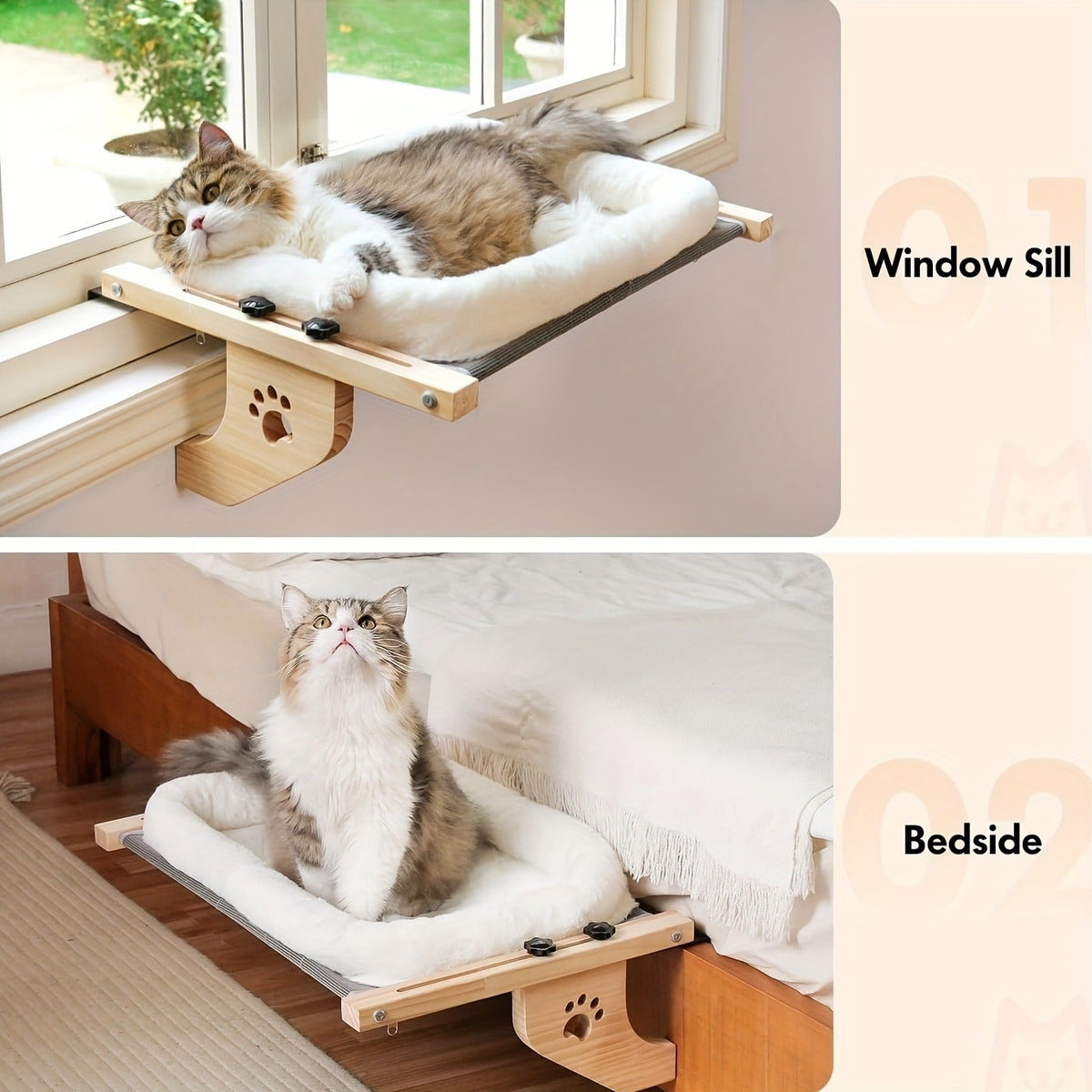Cat Window Frame Hammock Adjustable - Durable Frame Cat Bed with Paw Print Pattern, Easy Install Window Sill Bedside Cabinet Perch, Large Cat Hammock Lounger with Safety Fixation, Indoor Cat Furniture