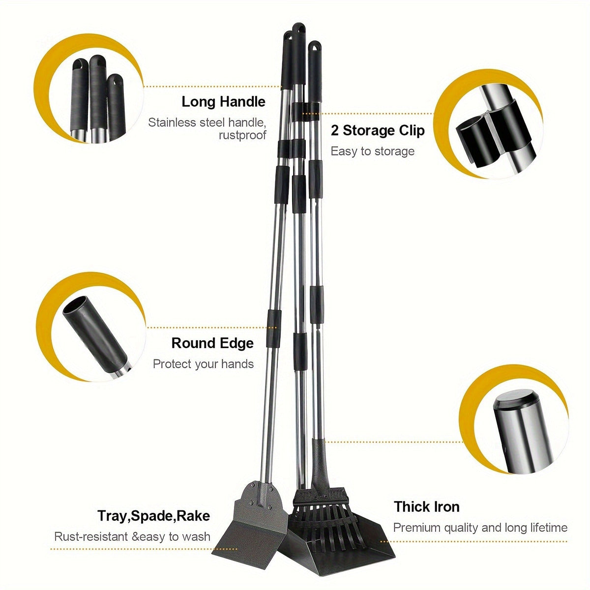 Dog Pooper Scooper Set - Stainless Steel Tray & Rake with Adjustable Long Handle, Rust-Proof Durable Pet Waste Removal Tool, Easy to Clean, Ideal for All Dog Breeds, Yard & Outdoor Use