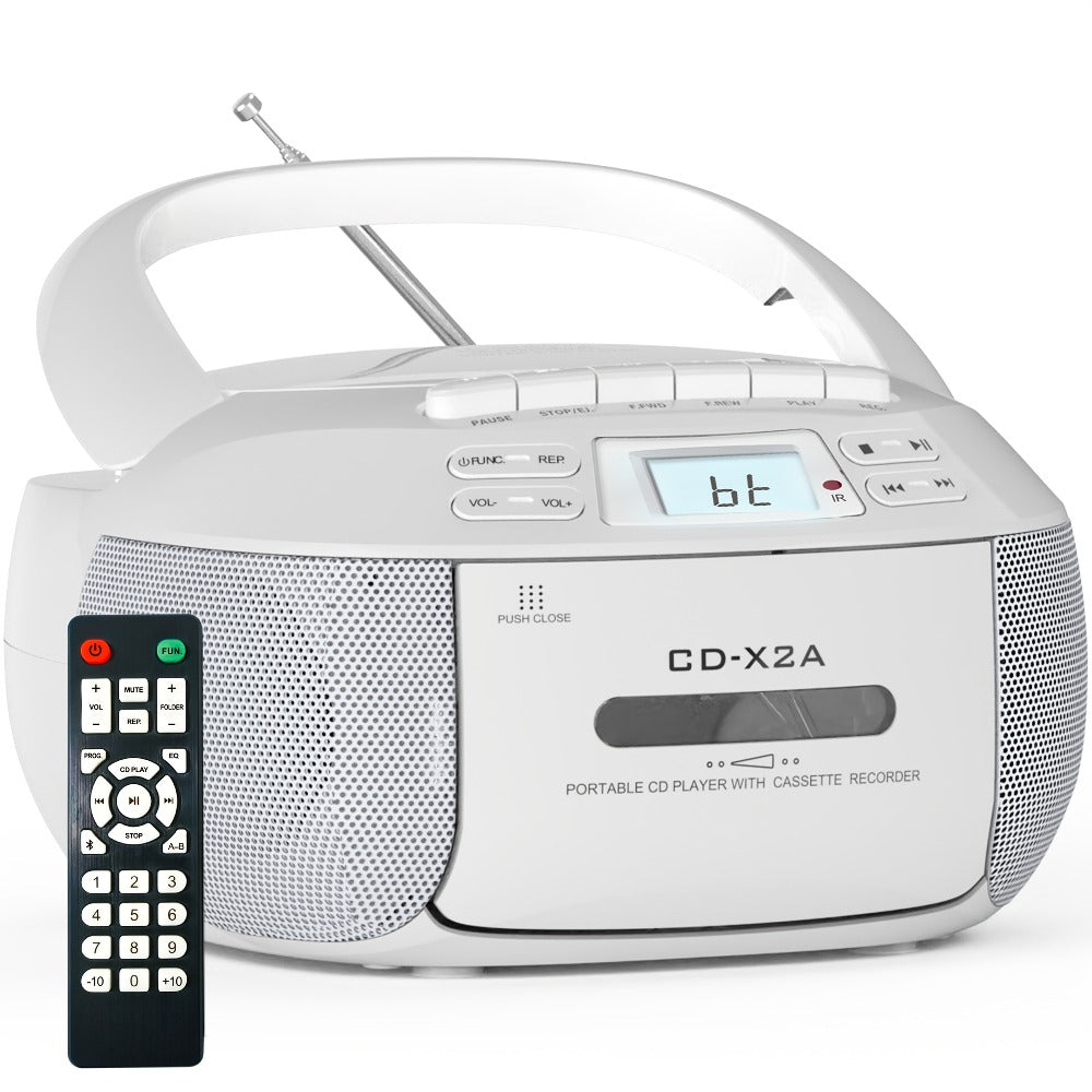 CD Cassette Player Boombox Combo with AM/FM Radio, Remote Control, LCD Display, AUX USB Earphone Jack, AC & Battery Operated, Stereo Sound Home Audio System for Seniors Adults