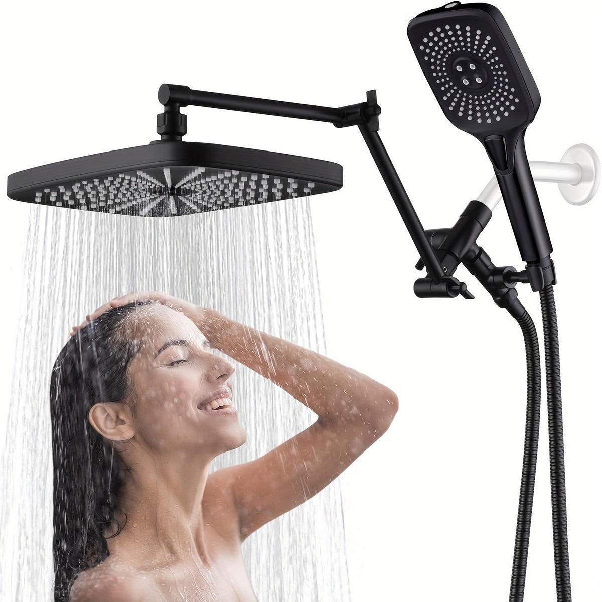 Rain Shower Head with Handheld Combo 12 Inch High Pressure Rainfall Showerhead Set – 4-Function Spray, 3-Way Diverter, 2-Stage Extension Arm & 71" Hose, Matte Black / Chrome / Brushed Nickel