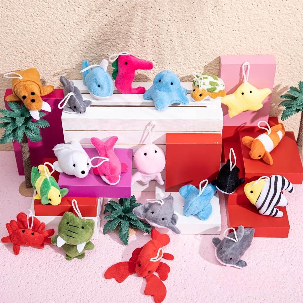 Mini Sea Animal Plush Keychains Bulk 24-Pack, Party Favor Toy Set