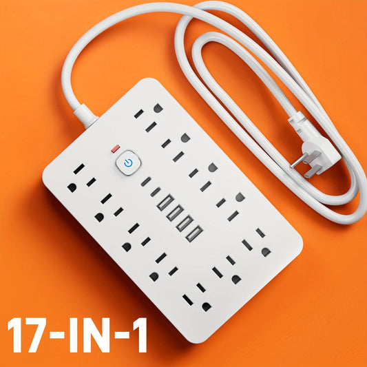 Flat Plug Power Strip with 11 AC Outlets, 6 USB Ports and 5 ft or 10 ft Cord