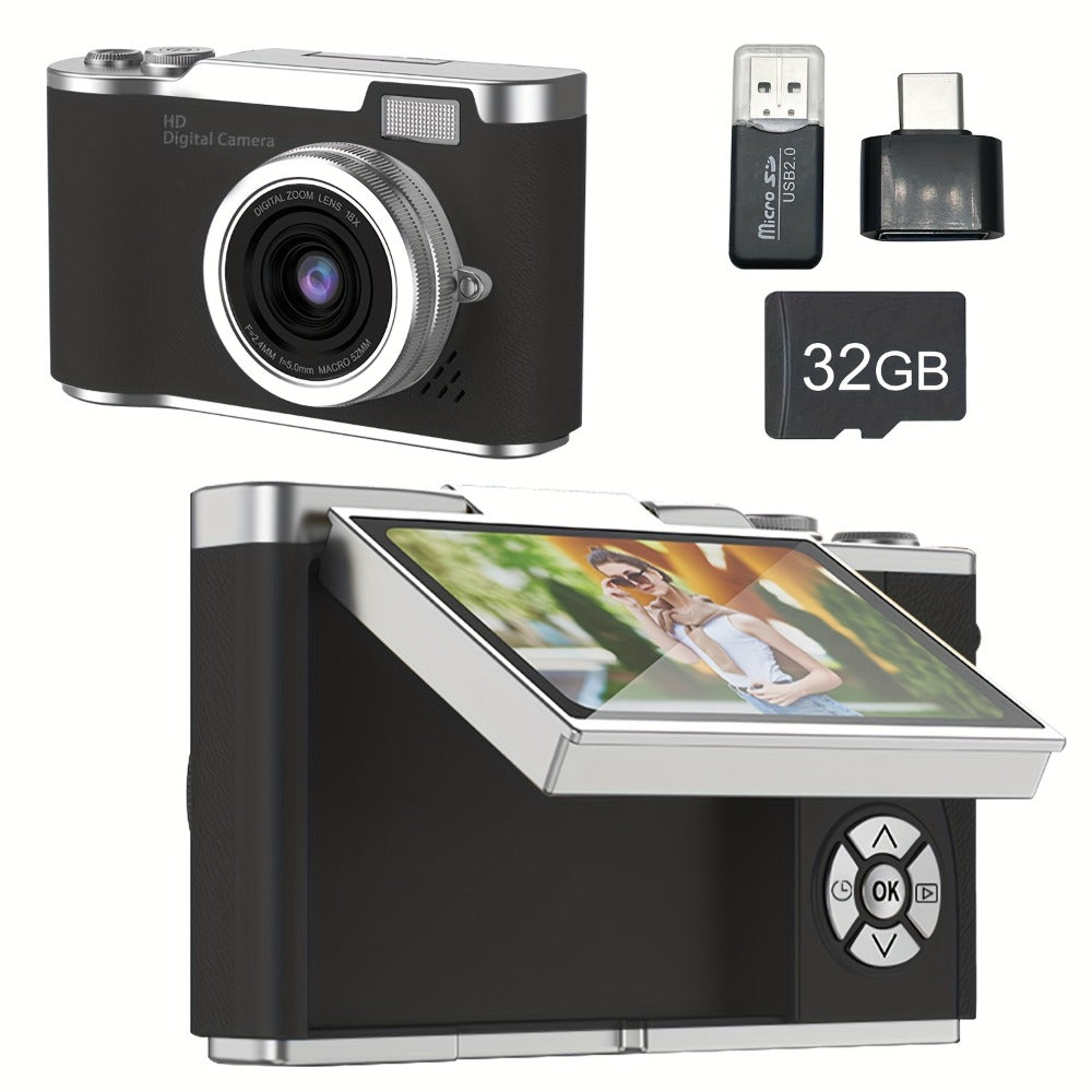 1080P Vlogging Camera for Beginners with 32GB Card 2.4 Inch LCD Screen Rechargeable Digital Camera for Photos Videos Webcam Use Compact Point and Shoot Camera Gift for Teens Kids Adults White Black Pink