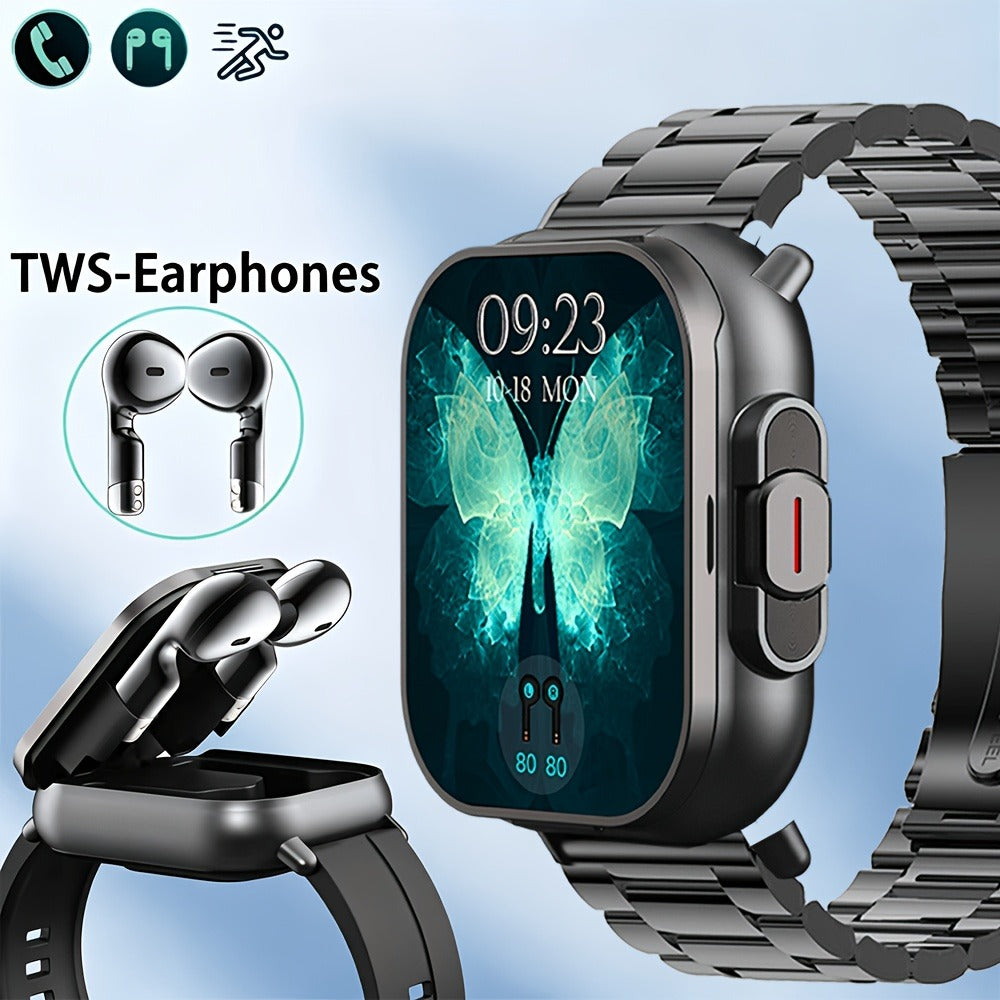 2-in-1 Smartwatch Earbuds Combo Steel & Mesh Strap for Men – Music Control Multiple Sports Modes Activity Tracking Black Silver Rose Gold Black Gold Smart Watch Earphone Gift