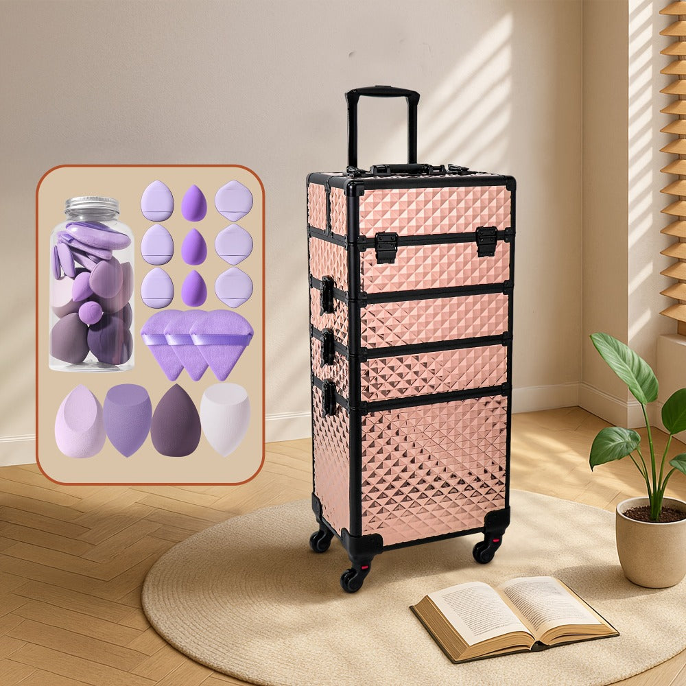 Rolling Makeup Train Case 4-in-1 Large Portable Cosmetic Trolley with 360 Degree Swivel Wheels Beauty Sponge Included Professional Salon Travel Organizer Gradient Purple Rose Gold