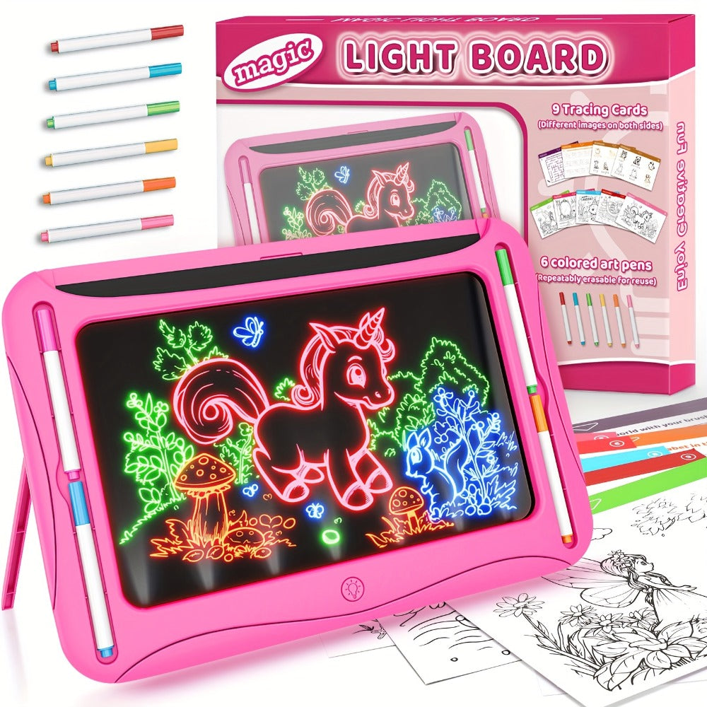 LED Light Up Drawing Board for Kids with 9 Double-Sided Tracing Cards & 6 Markers – Travel Doodle Board, 6 Colors