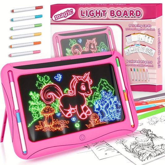 LED Light Up Drawing Board for Kids with 9 Double-Sided Tracing Cards & 6 Markers – Travel Doodle Board, 6 Colors