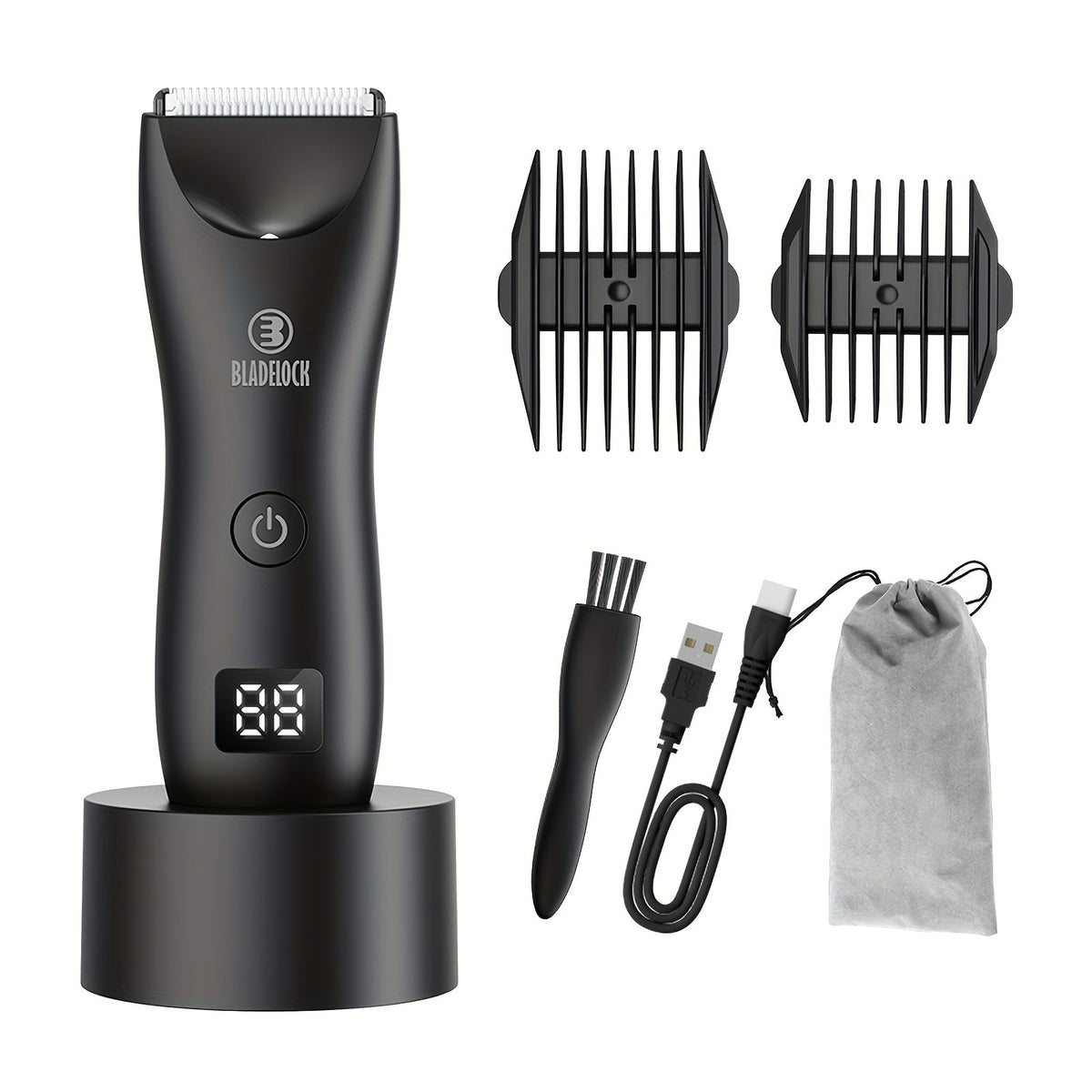 Manscaping Trimmer for Men IPX7 Waterproof Electric Groin & Ball Trimmer Ceramic Blades LCD Battery Display Replaceable Head - Body Hair Shaver Groomer Black Grey