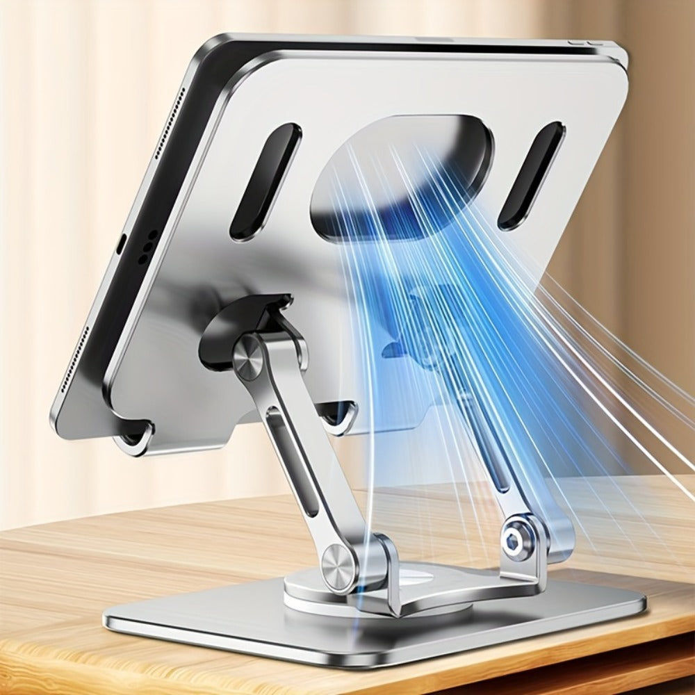 360° Rotating Foldable Tablet Stand for iPad & Phone, Adjustable Desktop Holder, Universal Compatibility – Black/Silver