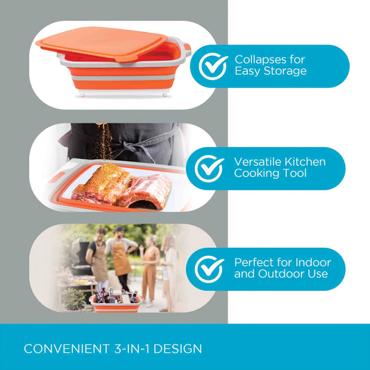 Collapsible BBQ Prep Caddy with Cutting Board, Drain Stopper and Orange Finish