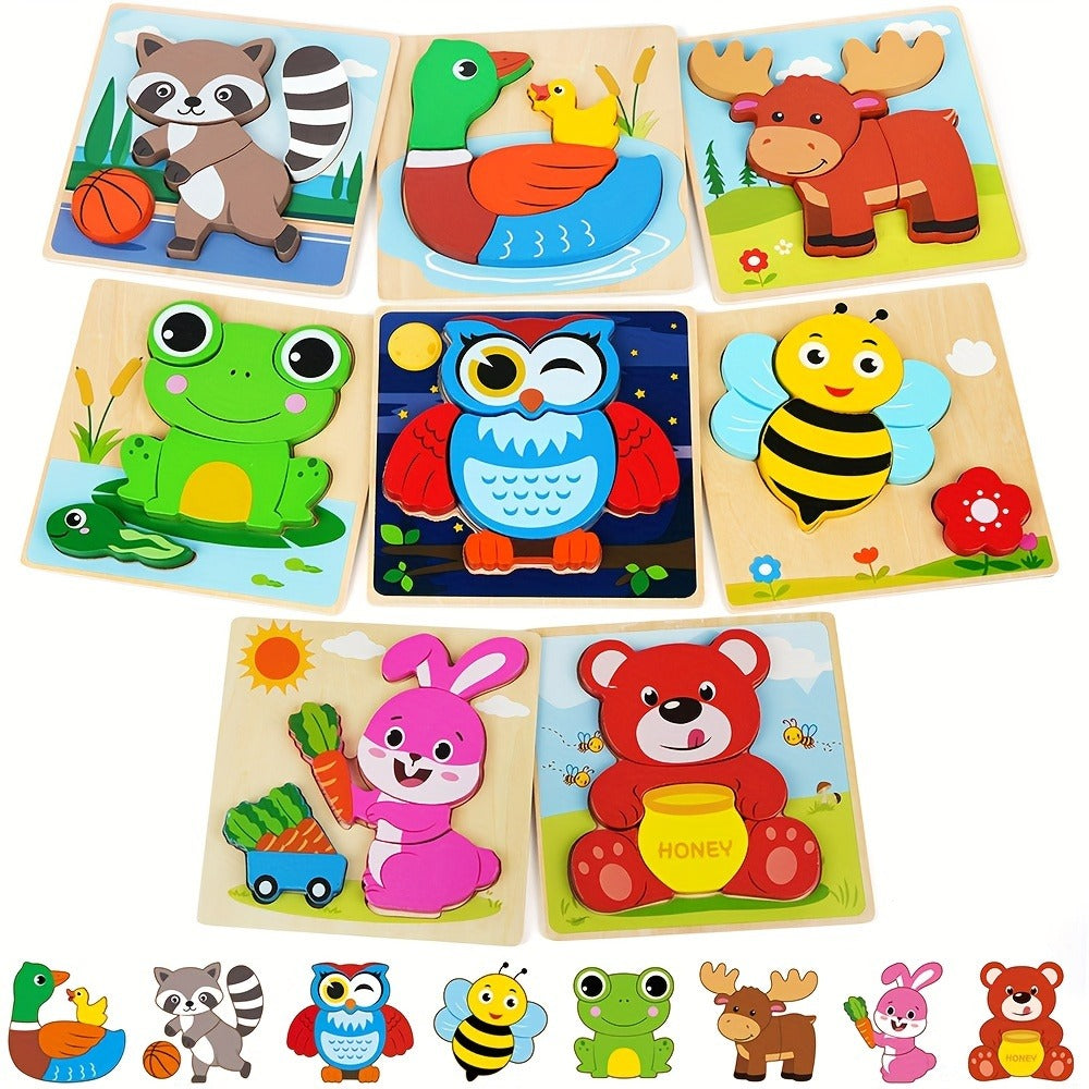 Wooden Animal Puzzles for Toddlers 12 Months+, 8-Pack with Bear, Bunny, Owl, Duck & More