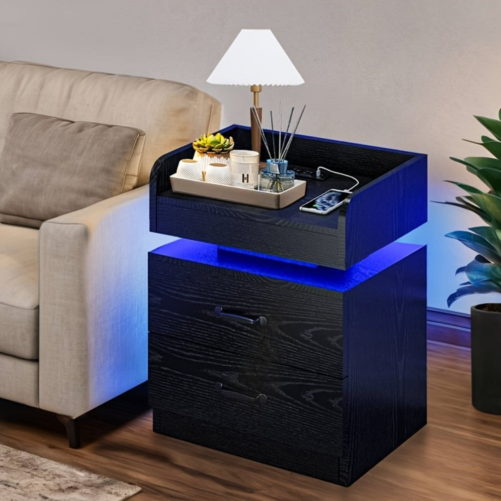 Wooden Nightstand with LED Ambient Light & Charging Station – Fabric Drawer, Blue Glow, Modern Bedside Table for Bedroom Living Room End Table, Black or White (Single or 2-Pack)