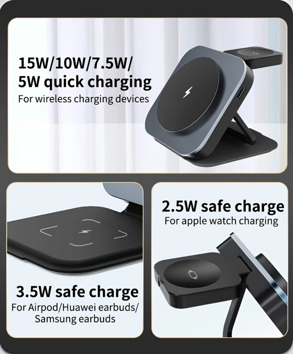 Foldable Travel 3-in-1 Wireless Charging Station 15W – Fast Charge for iPhone 17 16 15 14 13 12 Pro Max Plus, Apple Watch Ultra Series 9 8 7 6 5 4 3 2 1 SE & AirPods 4 3 2 Pro | Portable Black Charger