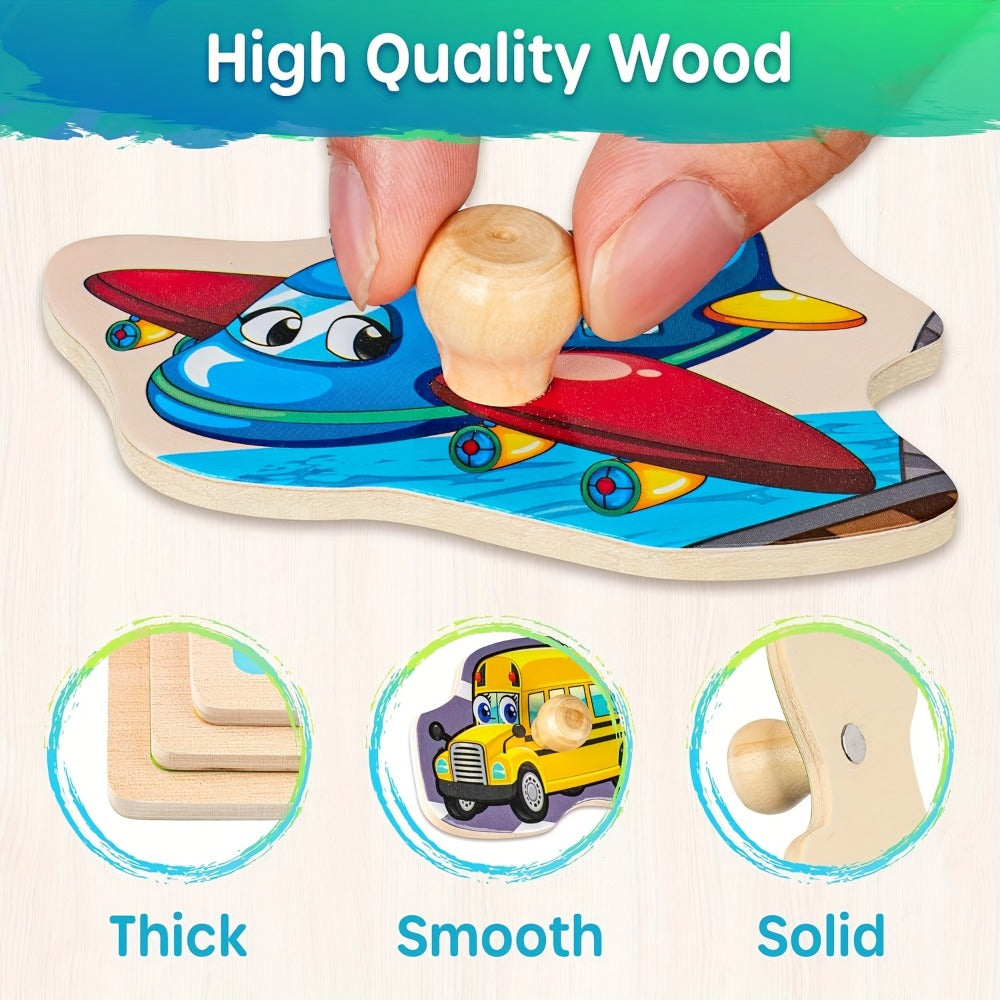 Wooden Toddler Puzzle Set with Storage Rack, Two Theme Options