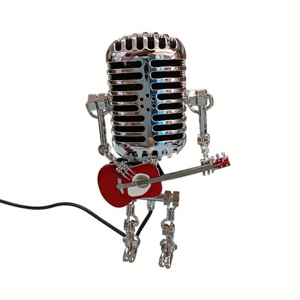 Vintage Microphone Robot Guitar Lamp USB Powered – Retro Decorative Night Light for Music Lovers, Guitar Players, Home, Bar & Office Desk Decor (Red / Yellow)
